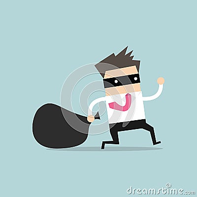 Businessman in burglar mask flees with stolen bag Vector Illustration