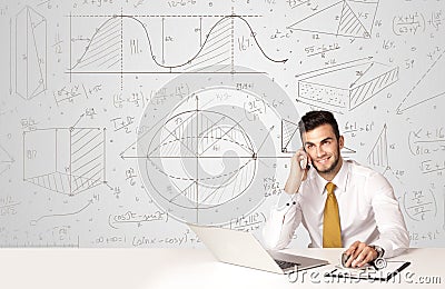 Businessman with business calculations background Stock Photo