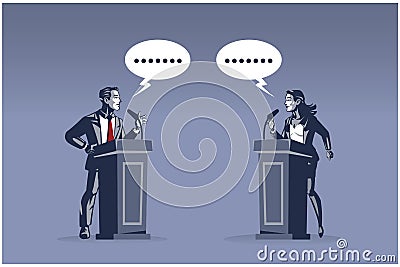 Businessman and Business Woman Standing on Podium Having Debate on Business Matters Vector Illustration