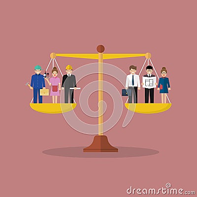 Businessman and businesswoman balancing on scales Vector Illustration