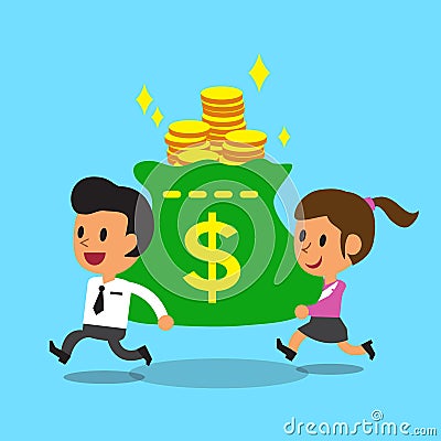 Businessman and businesswoman carrying big money bag Vector Illustration