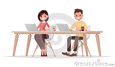 Businessman and businesswoman for the common desktop work compu Cartoon Illustration