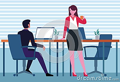 Businessman and businesswoman discussing with computer at desk, pointing at monitor screen, working together at workplace office. Vector Illustration