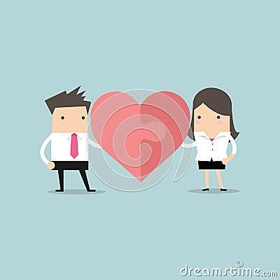 Businessman and businesswoman with heart puzzle. Office love concept Vector Illustration
