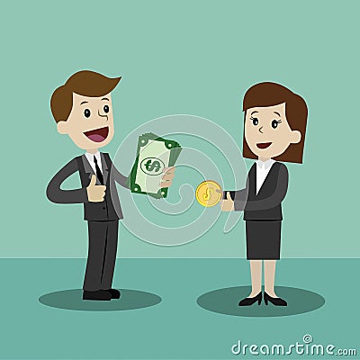 Businessman and businesswoman hold money in hands and have profit. Team work. Successfull partnership. Payments Vector Illustration