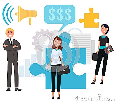 Businessman and Businesswoman with Puzzle Vector Vector Illustration