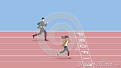 Businessman and businesswoman run on a race track to win at the PROFIT finish line Vector Illustration