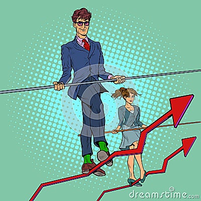 Businessman and businesswoman sales growth charts. A man like an acrobat. Economics and Finance Vector Illustration