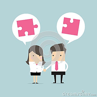 Businesswoman thief stealing idea bulb.Businessman and Businesswoman shaking hand with jigsaw conception. Vector Illustration