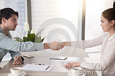 Businessman and businesswoman shaking hands. Business agreement Stock Photo