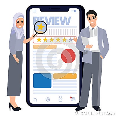 Businessman and businesswoman are standing beside big phone Vector Illustration