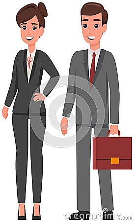 Businessman and businesswoman, young man and woman in elegant business suit, with briefcase Vector Illustration