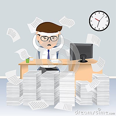 Businessman busy on his desk with pile of papers Vector Illustration