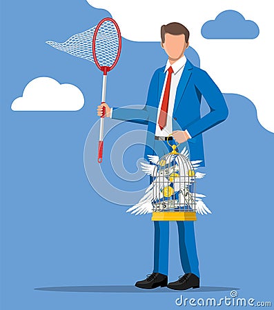 Businessman with butterfly net and cage with money Vector Illustration