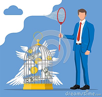 Businessman with butterfly net and cage with money Vector Illustration