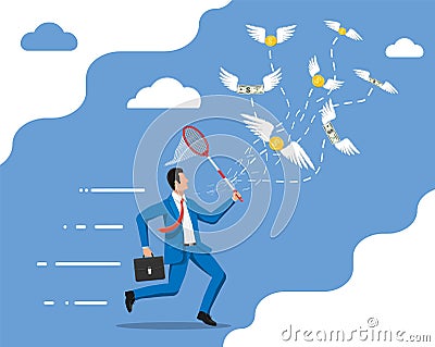 Businessman with butterfly net chasing money Vector Illustration