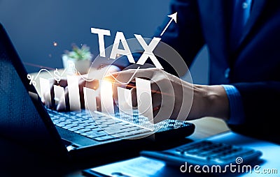 Businessman calculating annual taxes and paying taxes. Tax deduction planning concept. Expenses, account, VAT, income tax, Stock Photo