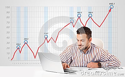 Businessman calculating stock market with rising graph in the ba Stock Photo