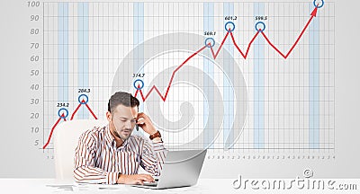 Businessman calculating stock market with rising graph in the ba Stock Photo