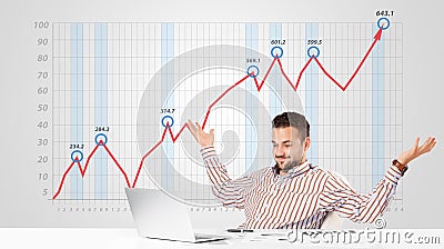 Businessman calculating stock market with rising graph in the ba Stock Photo
