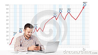 Businessman calculating stock market with rising graph in the ba Stock Photo