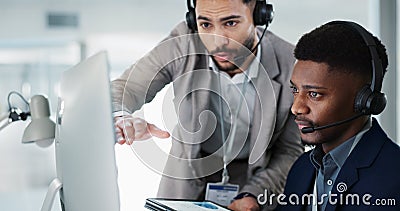 Businessman, call center and coaching in customer service, telemarketing or support at office. Team, agent or consultant Stock Photo