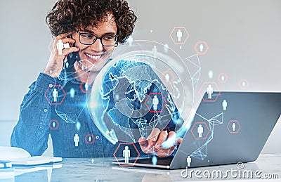 Businessman talk on the phone, earth sphere and social network Stock Photo