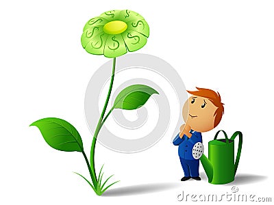 Businessman with can and green dollar flower plant Vector Illustration