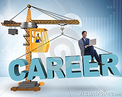 Businessman in career progression concept with crane Stock Photo