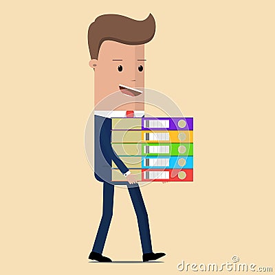 Businessman carries a large stack of documents. Vector illustration Cartoon Illustration