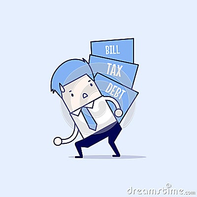 Businessman carry pile of debt, tax and bill. Cartoon character thin line style vector. Vector Illustration