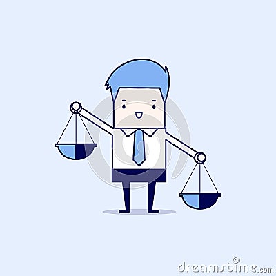 Businessman carrying a balance scale with both hands. Cartoon character thin line style vector Vector Illustration