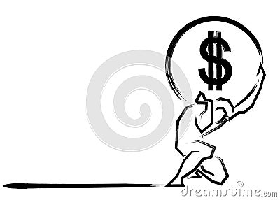 Businessman carrying a big stone american dollar sign on his back. Overloaded guy, difficult burden and debt pressure. Business Vector Illustration