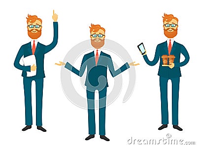 Businessman cartoon character in different poses for business presentation vector set. Successful man shows and tells Vector Illustration