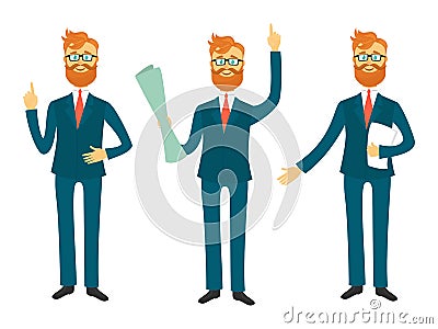 Businessman cartoon character in different poses for business presentation vector set. Successful man shows and tells Vector Illustration