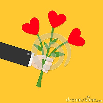 Businessman cartoon character hand holding bunch bouquet of heart flowers. Yellow background. Flat design. Vector Illustration