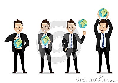 Businessman cartoon character, save the world or save the earth concept with set of four poses vector Vector Illustration
