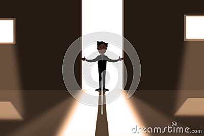 Businessman Cartoon Door Light Standing. Opportunities and business leader concept Stock Photo