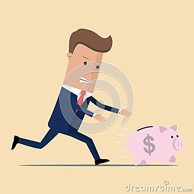 Businessman catches piggy bank. Concept of saving money. Vector illustration Cartoon Illustration