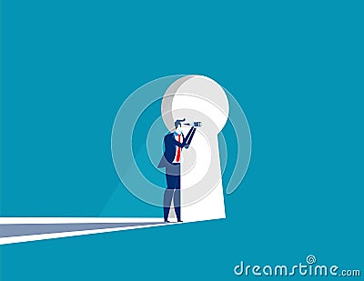 Businessman cautious looking out form through large lit up keyhole. Concept business vector illustration Vector Illustration