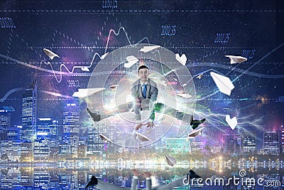 Businessman celebrating success . Mixed media . Mixed media Stock Photo