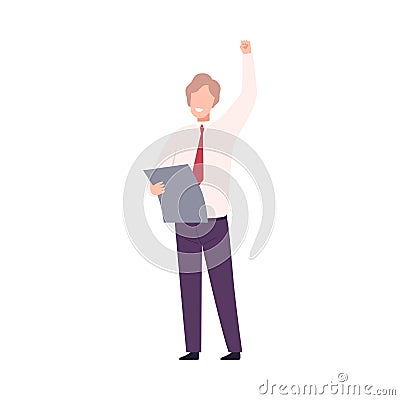 Businessman Celebrating Victory, Successful Manager Character Dressed in Business Clothes Standing with His Hand Up Flat Vector Illustration