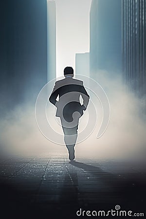 businessman CEO corporate man running in a foggy city. dreamy corporate concept. Stock Photo