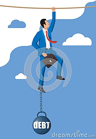 Businessman chained to big heavy debt weight Vector Illustration