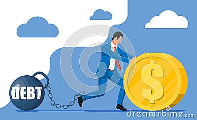 Businessman chained to big heavy debt weight Vector Illustration