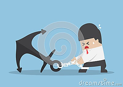 Businessman chained to a heavy metal anchor Vector Illustration