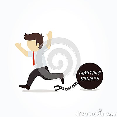 Businessman chained to his limiting beliefs. Vector Illustration