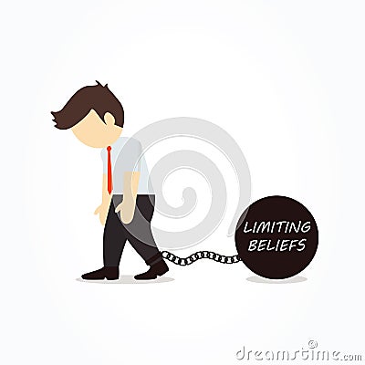 Businessman chained to his limiting beliefs. Vector Illustration