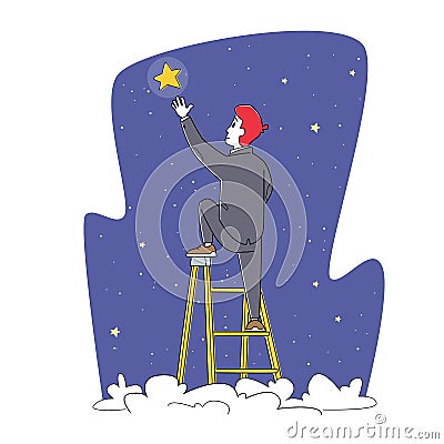 Businessman Character Climbing Up Ladder above Clouds to Take Star from Sky. Follow Dream, Business Man Aim Career Stock Photo