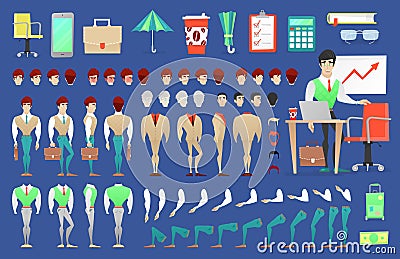 Businessman Character Creation Constructor. Man in Different Poses. Male Person with Faces, Arms, Legs, Hairstyles Vector Illustration